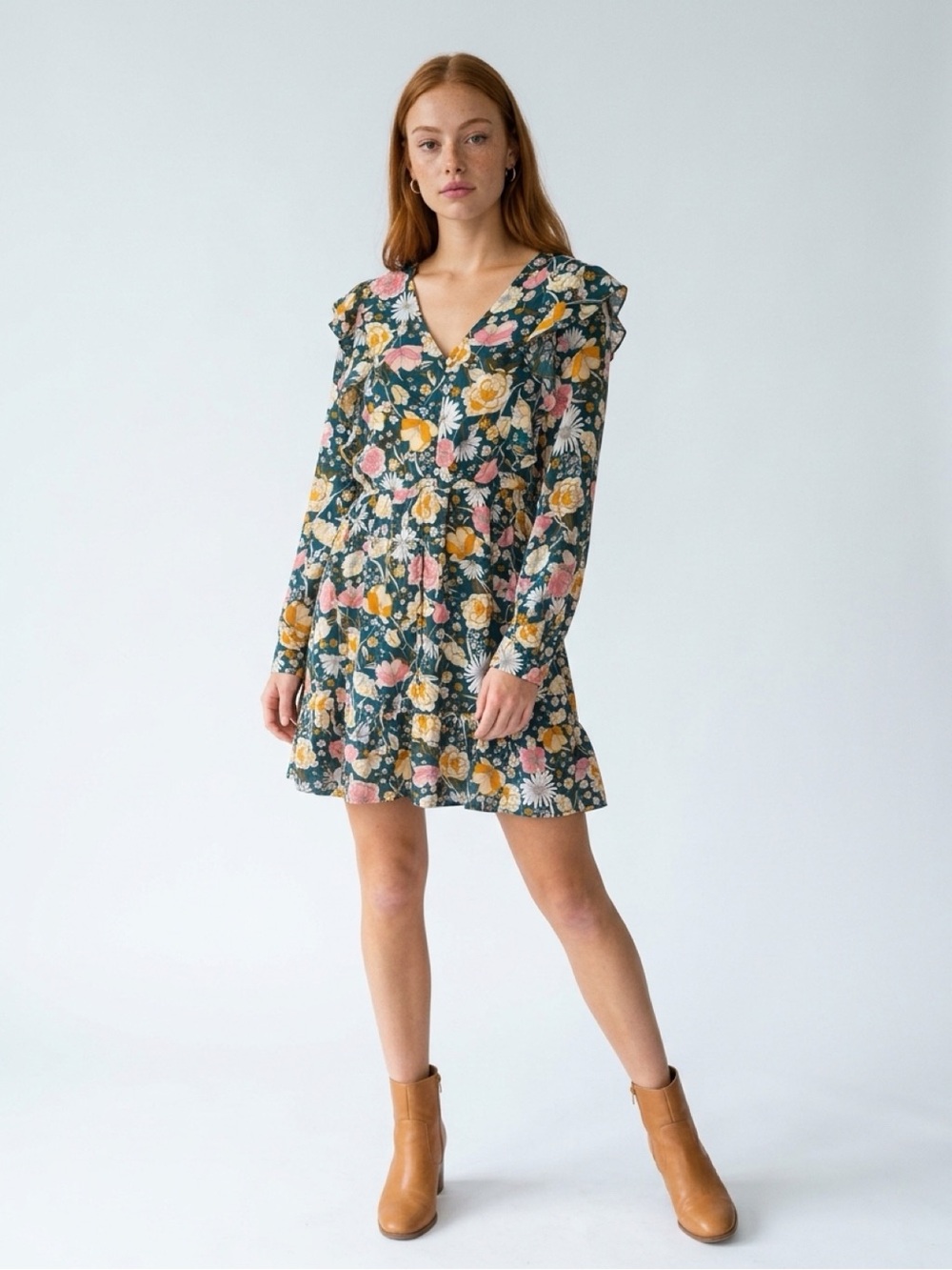 NWOT Floral V-Neck Mini Dress in Green with Pink & Yellow Blooms